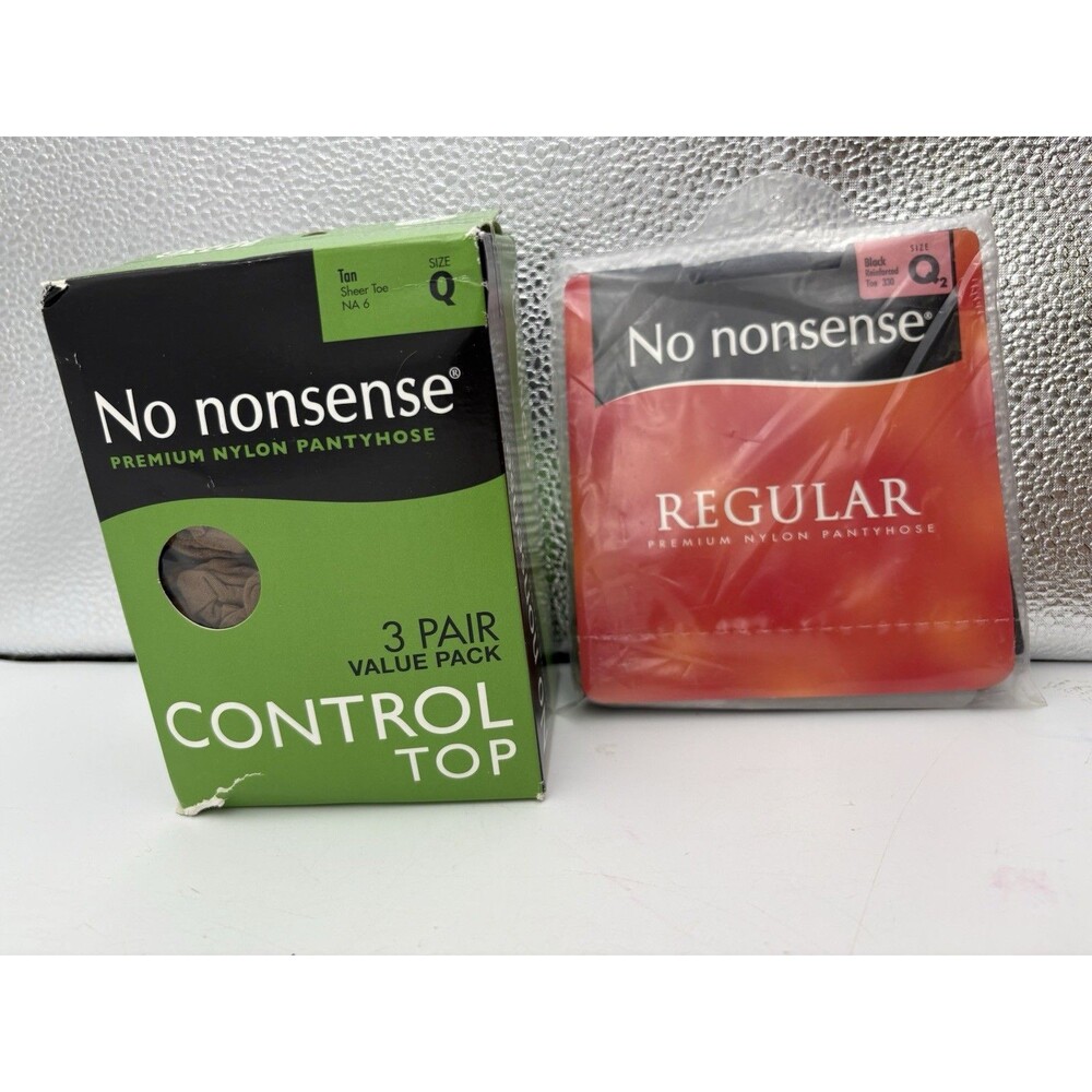 No Nonsense Pantyhose Lot 4 Pair Size Q Q2 Tan Black Control Top Vintage NOS